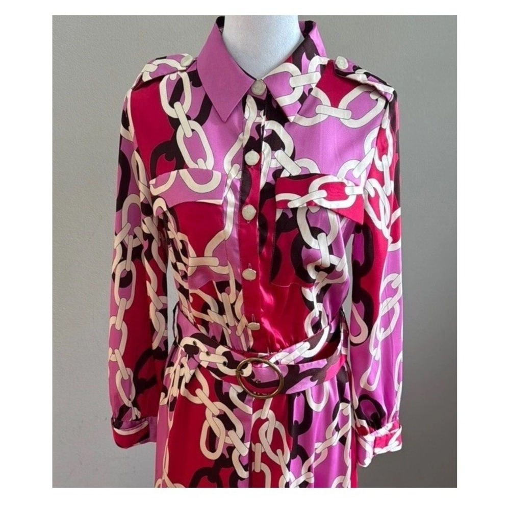 Zara Pink and Red Chain Print Ivory Enamel Button Satin Shirt Dress Size large - Picture 4 of 9